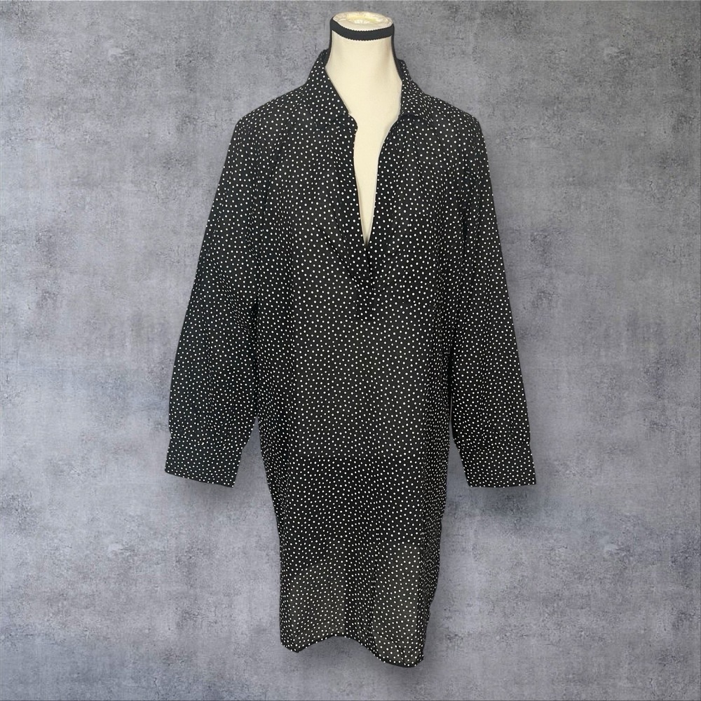 J Crew Relaxed Fit Shirt Dress Womens XL Black Polka Dots 100% Cotton Beach - Picture 2 of 9